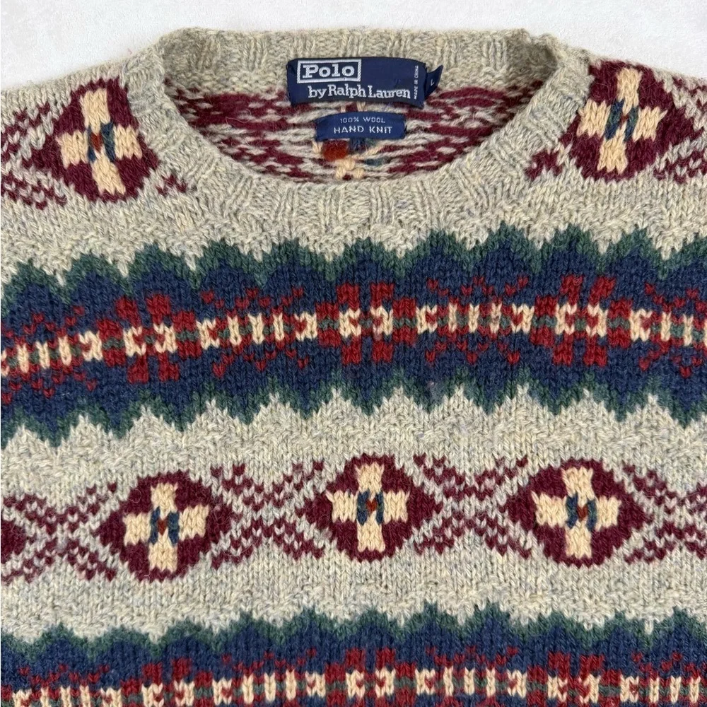 INSANE Polo Ralph Lauren Hand Knit Wool Aztec Beige & Burgundy Crewneck Sweater